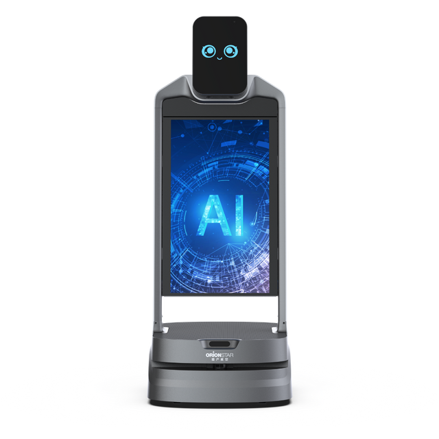 LuckiBot Plus mit großem vertikalem Bildschirm und KI-Anzeige, graues Gehäuse und animiertes Display.