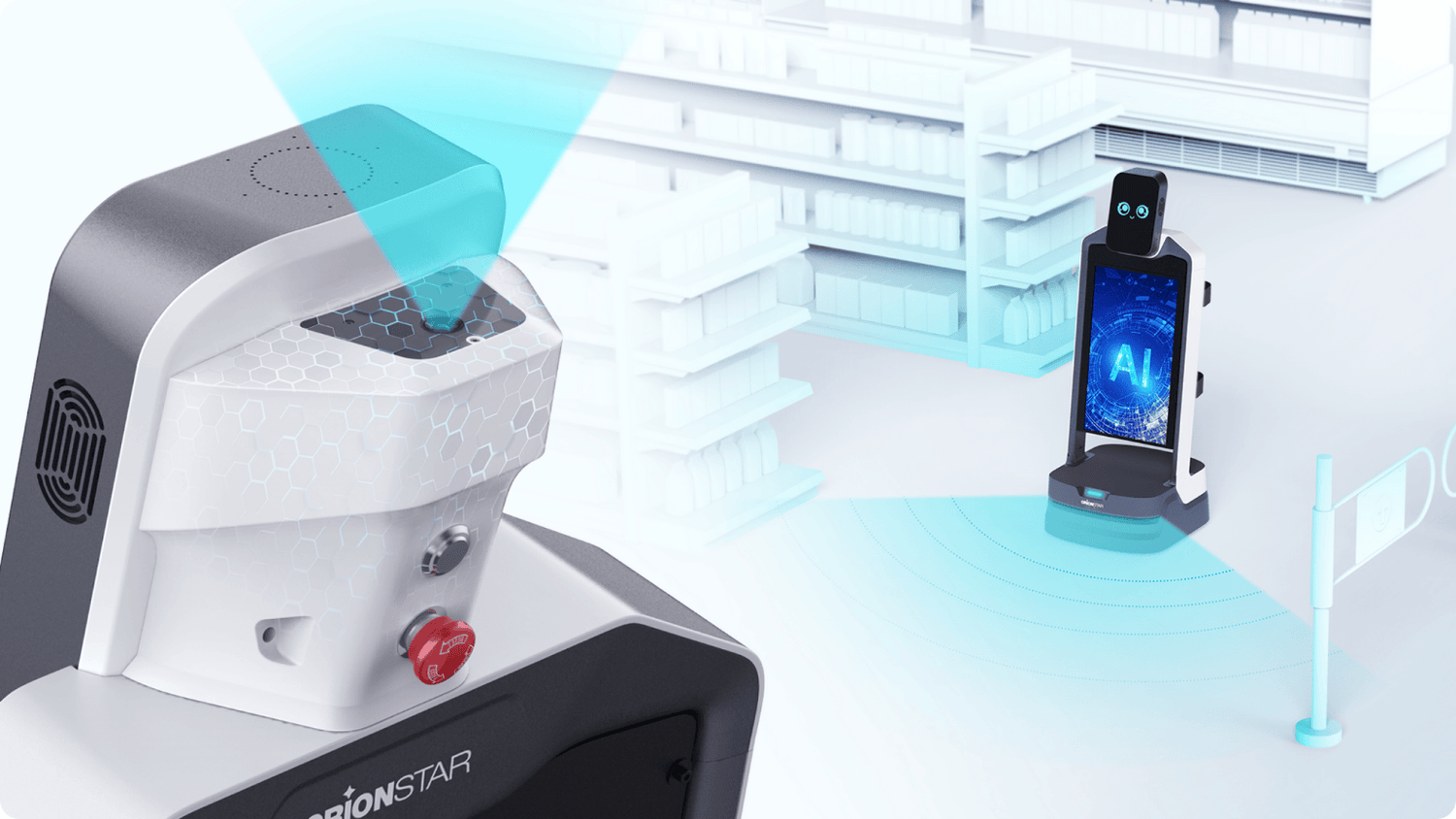 Zwei autonome Roboter mit Sensoren navigieren selbstständig durch ein digitales Ladenumfeld