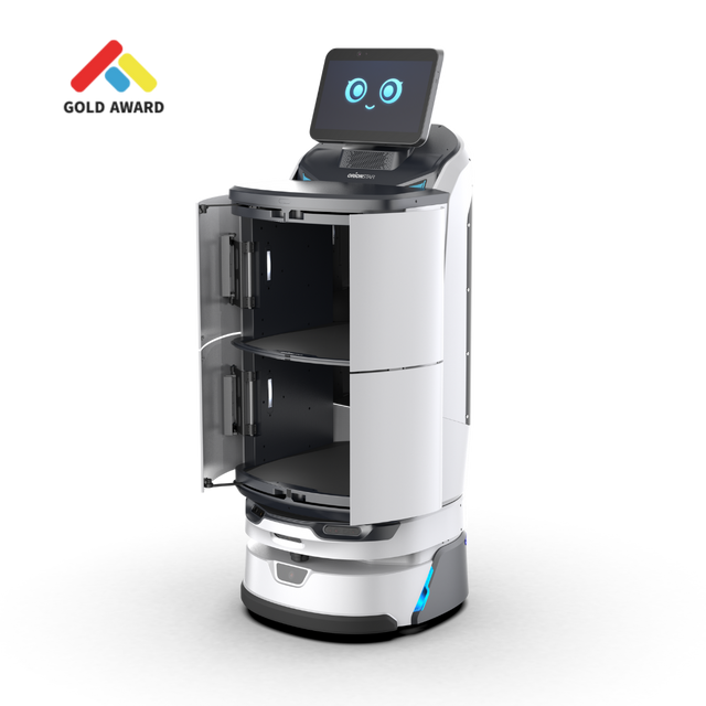 LuckiBot Pro mit automatischer Tür und Display Gesicht als zertifizierter Lieferroboter im Einsatz