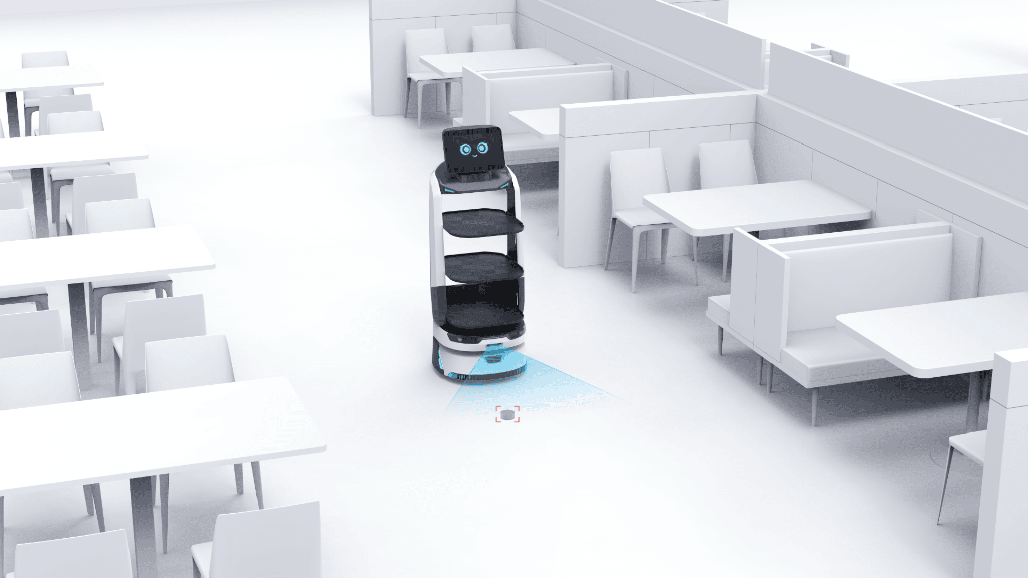 Serviceroboter scannt autonom den Raum zur Navigation zwischen Restauranttischen und Sitzecken