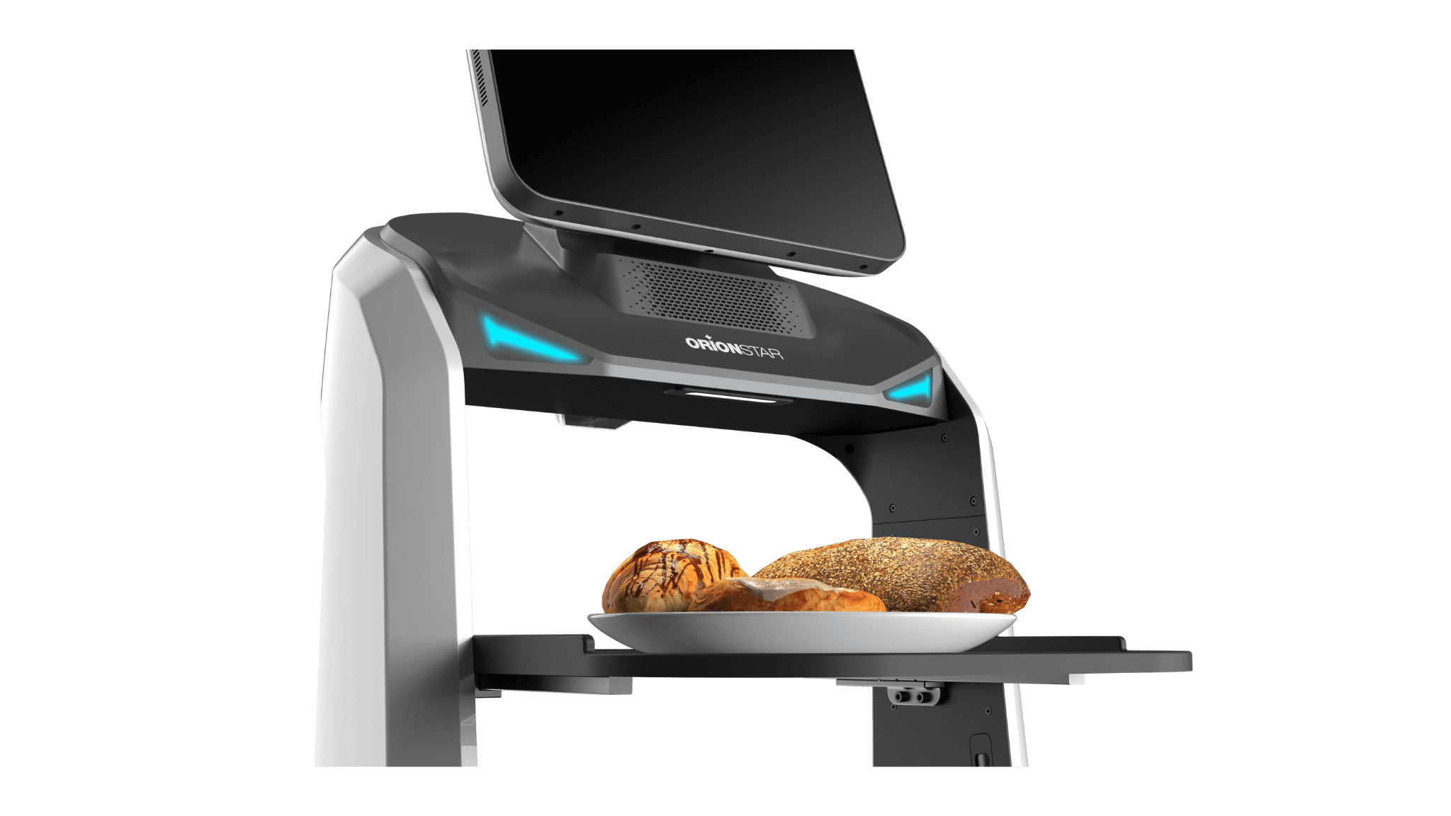 LuckiBot Pro serviert ofenfrisches Brot auf seinem Tablett mit LED Leuchten an der Frontseite