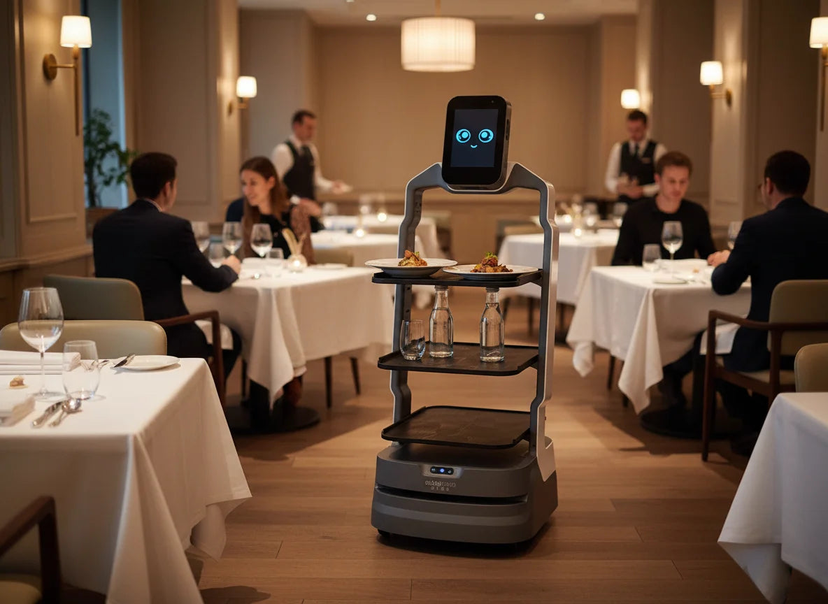 OrionStar LuckiBot Servierroboter im Restaurant zur Entlastung des Personals beim Speisen- und Getränkeservice.