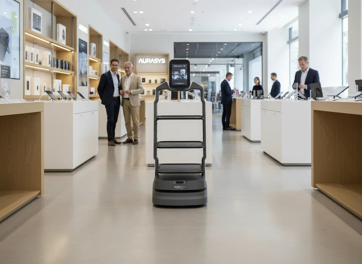 Interaktiver Promotion-Roboter OrionStar LuckiBot im Einzelhandel zur Kundenberatung und Produktpräsentation im Showroom.