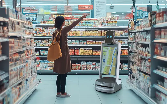 Kundin wird von Roboter mit digitalem Lageplan in einem gut sortierten Supermarkt aktiv unterstützt