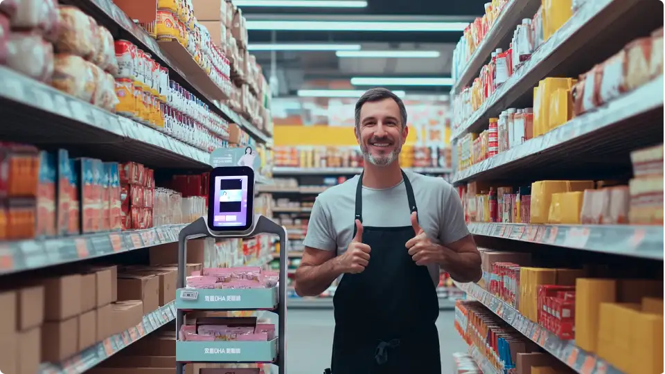 Mitarbeiter mit Daumen hoch steht neben Serviceroboter in gut sortierter Supermarktregalreihe