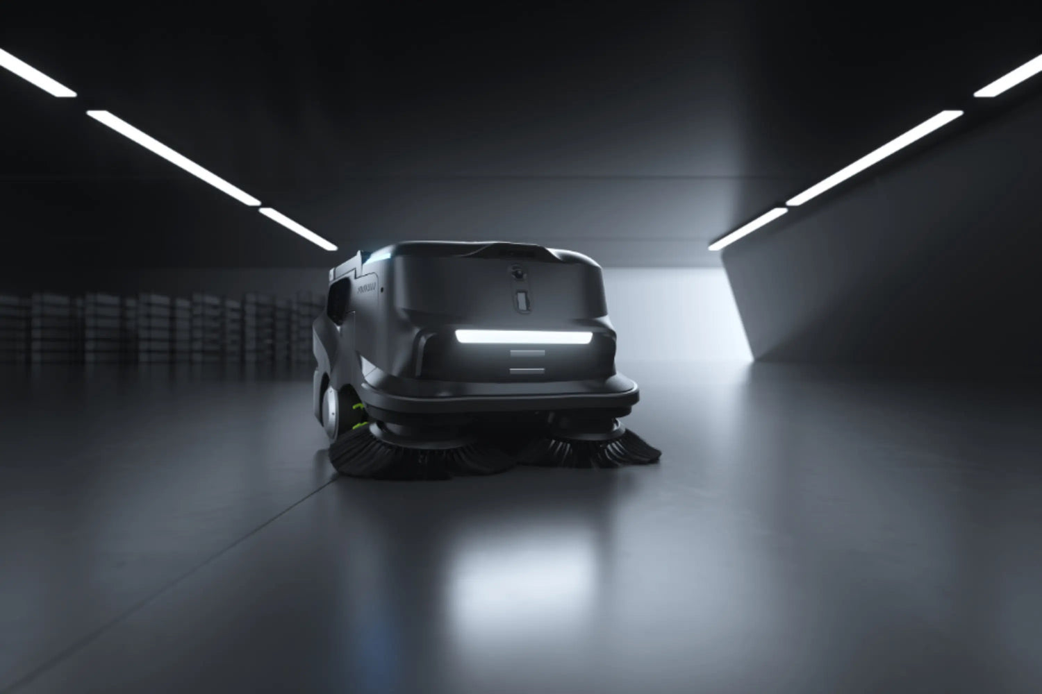 Pudu MT1 Reinigungsroboter auf dunkler Industriefläche mit futuristischer Lichtarchitektur