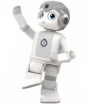 Kleiner weißer Lernroboter der Alpha Serie von UBTech winkt freundlich vor hellem Hintergrund