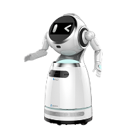 Weißer Service Roboter Cruzr 1S mit rundem Displaykopf und ausgebreiteten Armen schräg vorn