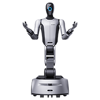 Frontansicht eines silbergrauen humanoiden Roboters auf mobiler Basis mit geöffneten Armen