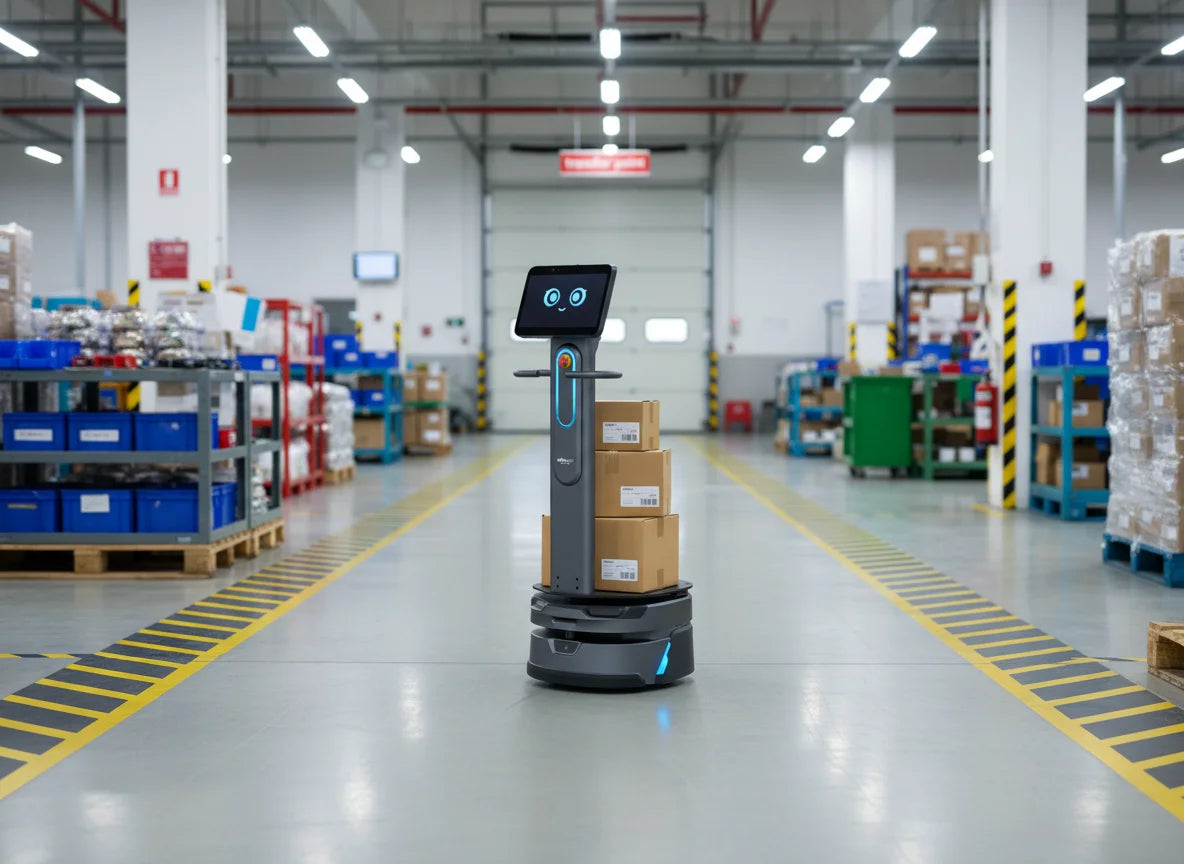OrionStar CarryBot autonomer Transportroboter in einer Übergabezone für optimierte Intralogistik und automatisierten Warenfluss.