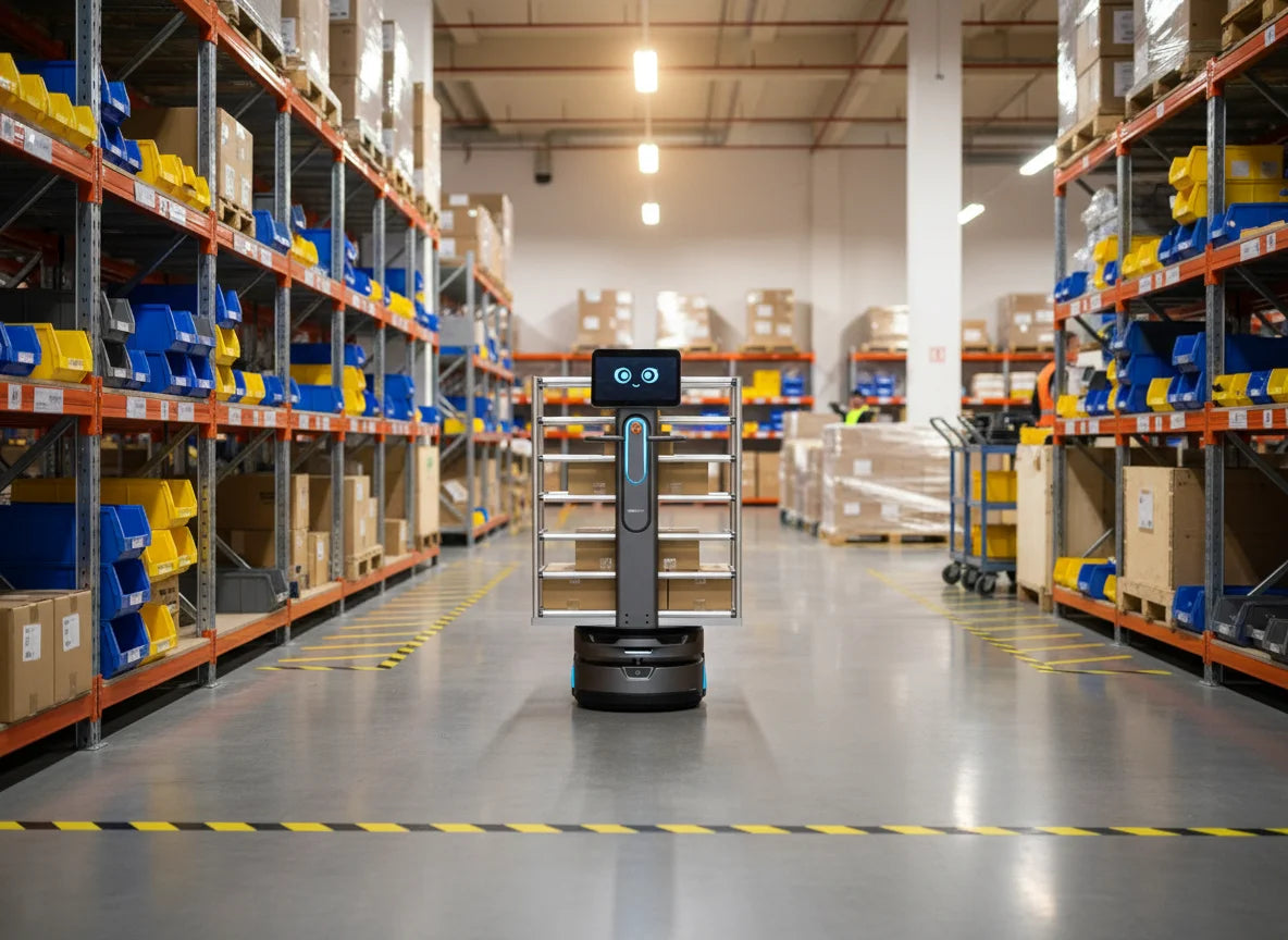 Autonomes Transportsystem OrionStar CarryBot in einer Lagerhalle für den effizienten Materialtransport von Behältern.