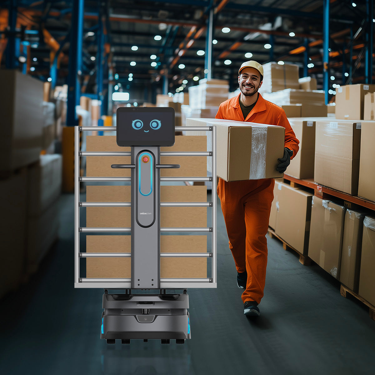 Autonomer Logistikroboter transportiert Kartons neben lächelndem Arbeiter im Lager