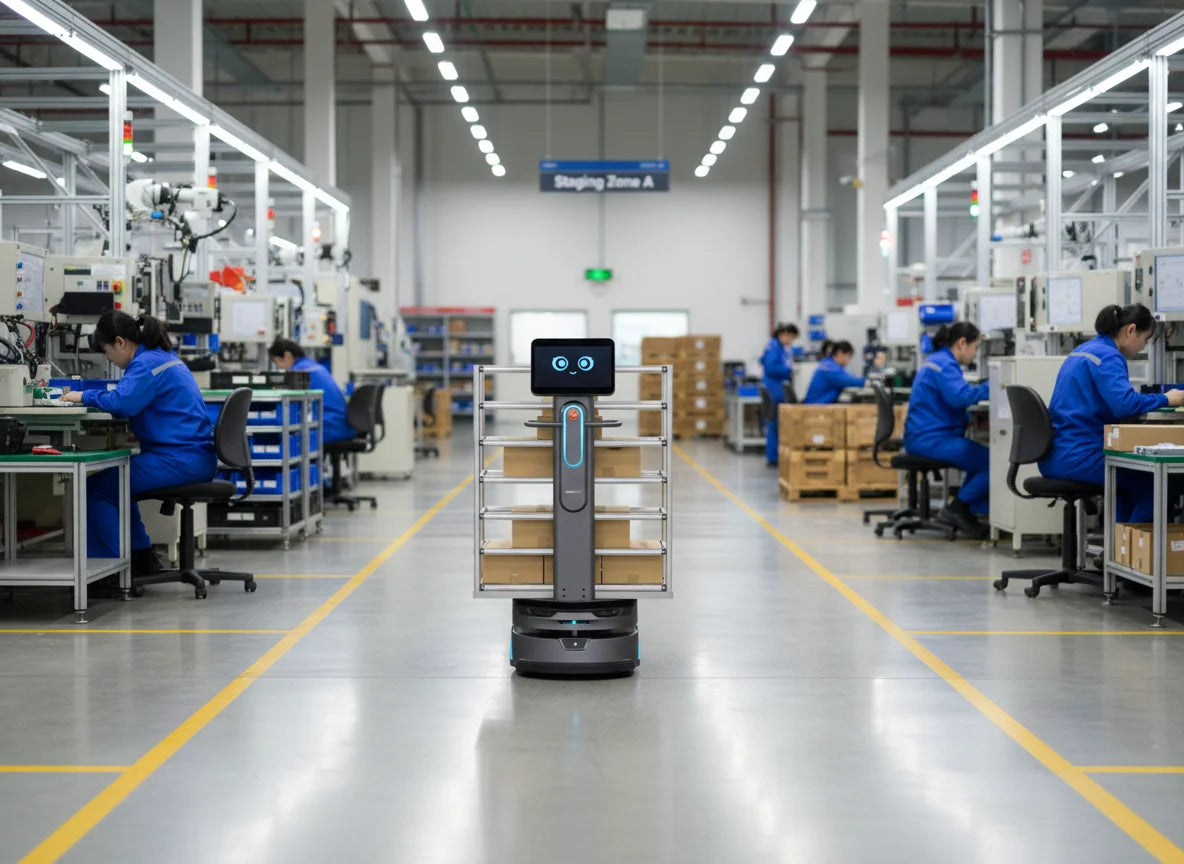 OrionStar CarryBot Transportroboter in der Produktionshalle zur Montageversorgung und Materialanlieferung direkt am Band.