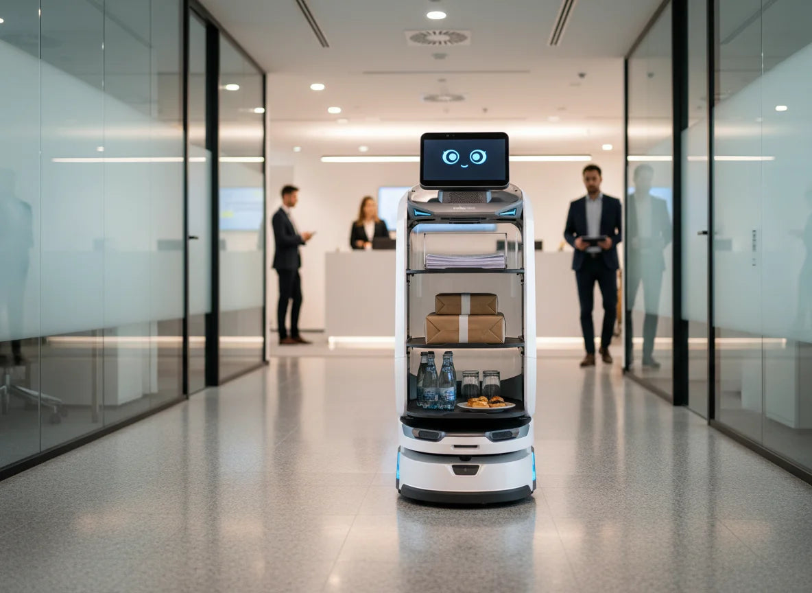 OrionStar LuckiBot Pro autonomer Service-Roboter für Post- und Dokumententransport in Business Centern.