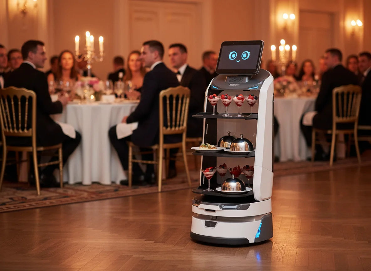 OrionStar LuckiBot Pro Servierroboter im Einsatz bei Catering und Events für effizienten Speisenservice.