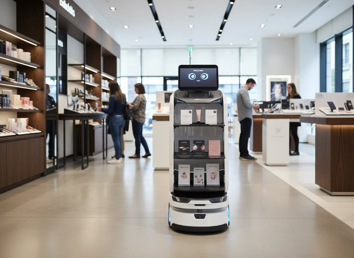 OrionStar LuckiBot Pro Promotion-Roboter für interaktive Produktpräsentationen in Retail-Showrooms.
