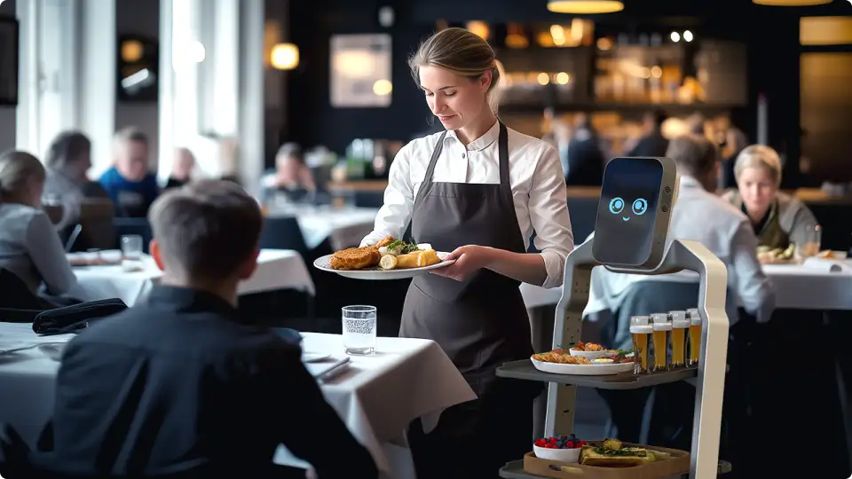 Serviceroboter unterstützt Kellnerin beim Servieren von Speisen in einem modernen Restaurant