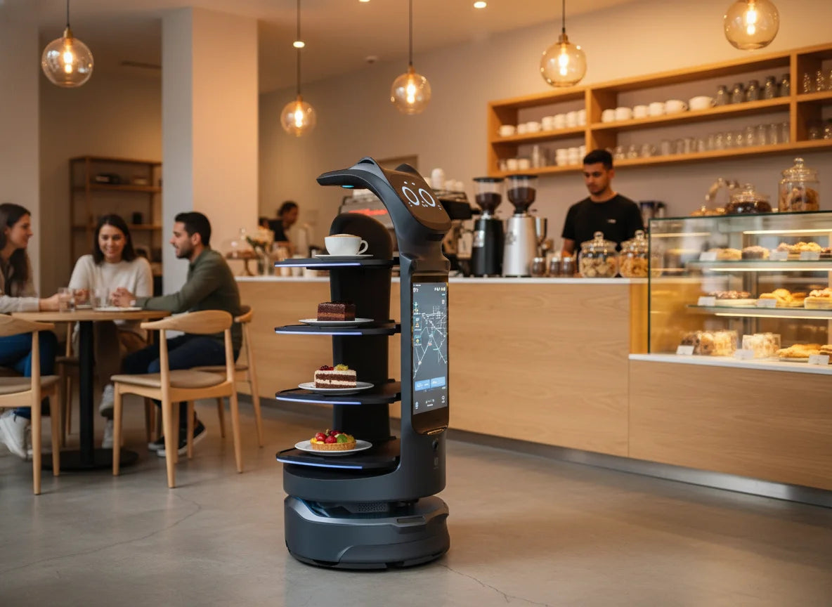 PUDU BellaBot Pro Serviceroboter im Café für den charmanten Transport von Backwaren und Kaffee.