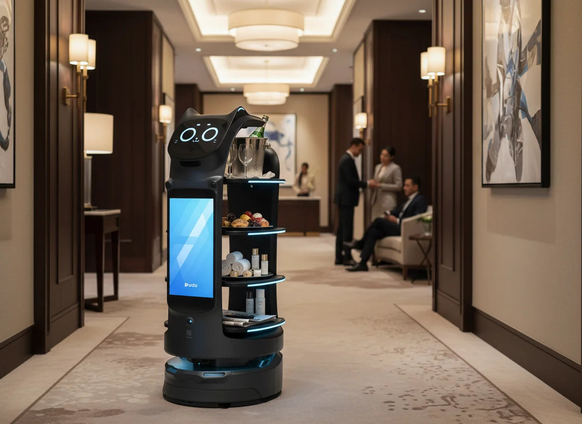 PUDU BellaBot Pro in der Hotel-Lobby als interaktiver Begleitroboter und für den Zimmerservice.