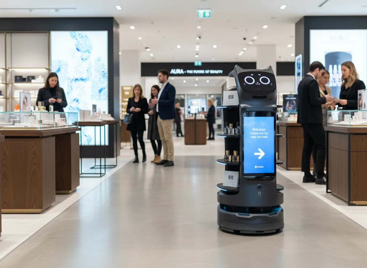 PUDU BellaBot Pro im Einzelhandel zur autonomen Kundenführung und Produktpräsentation im Showroom.