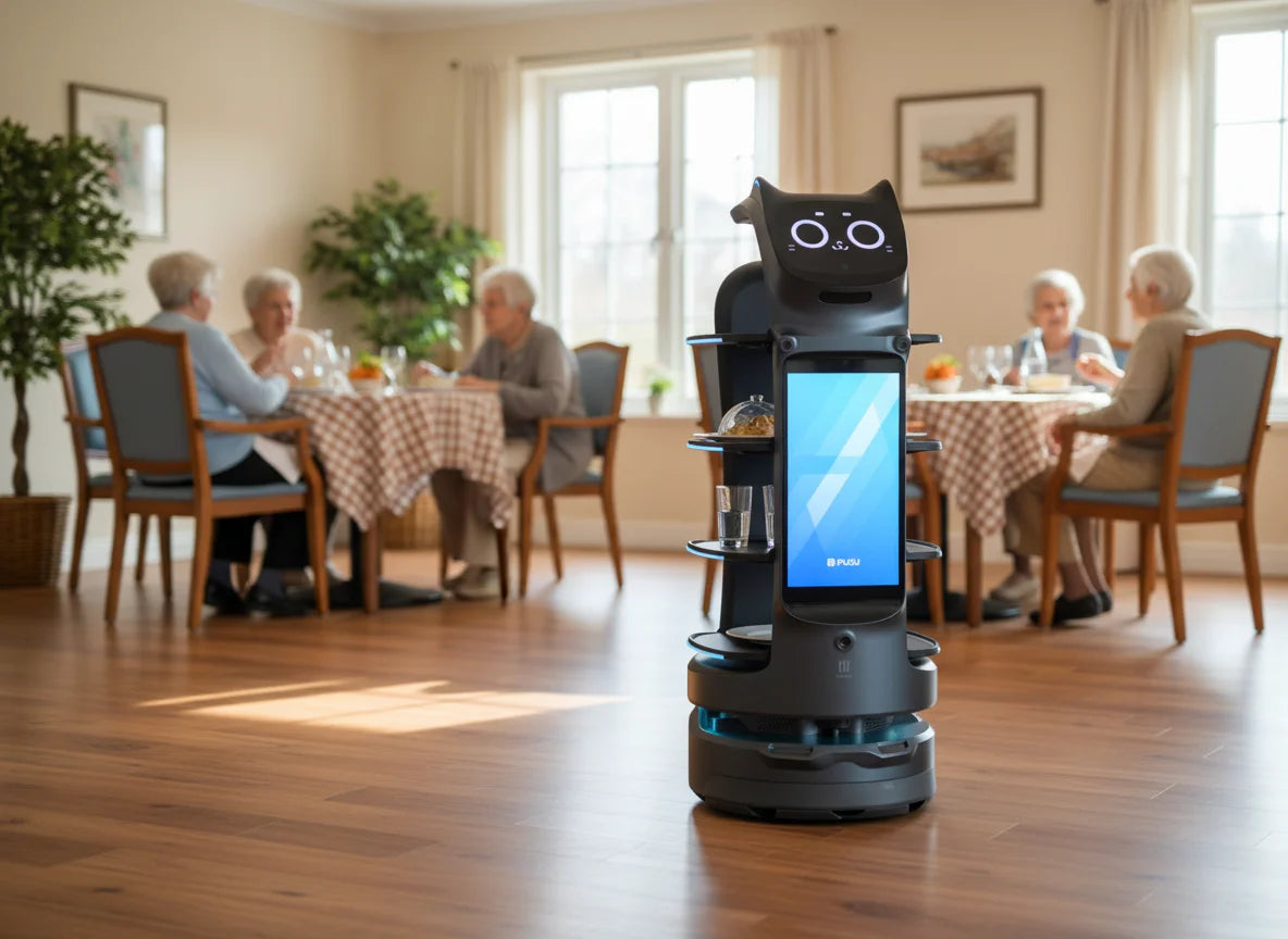 PUDU BellaBot Pro in einer Pflegeeinrichtung zur Unterstützung bei der Mahlzeitenverteilung.