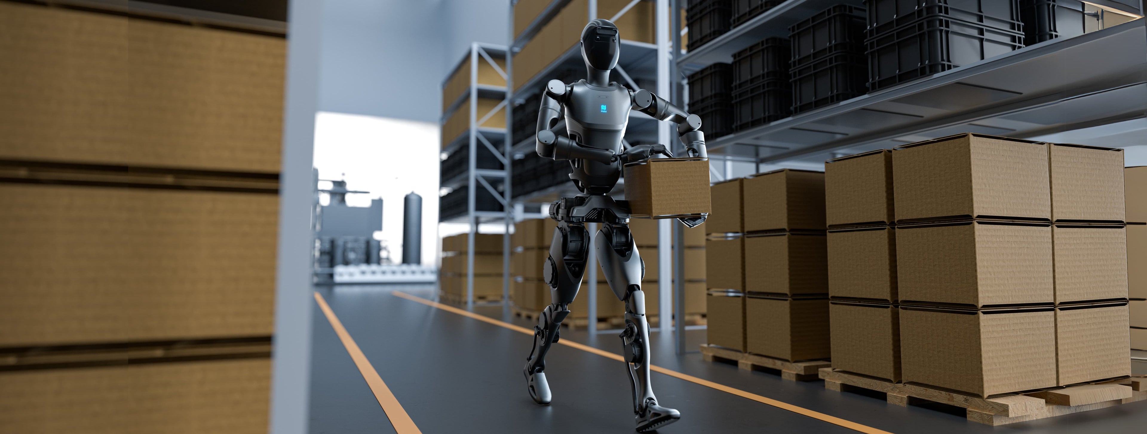Humanoider Roboter von Pudu Robotics beim Tragen von Kartons in moderner automatisierter Lagerhalle