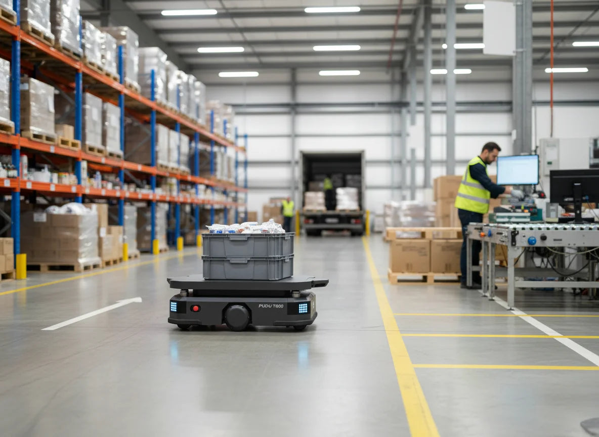 PUDU T600 fahrerloses Transportsystem beim Cross Docking in einem Umschlaglager für schnellen Warenfluss ohne Zwischenlagerung.