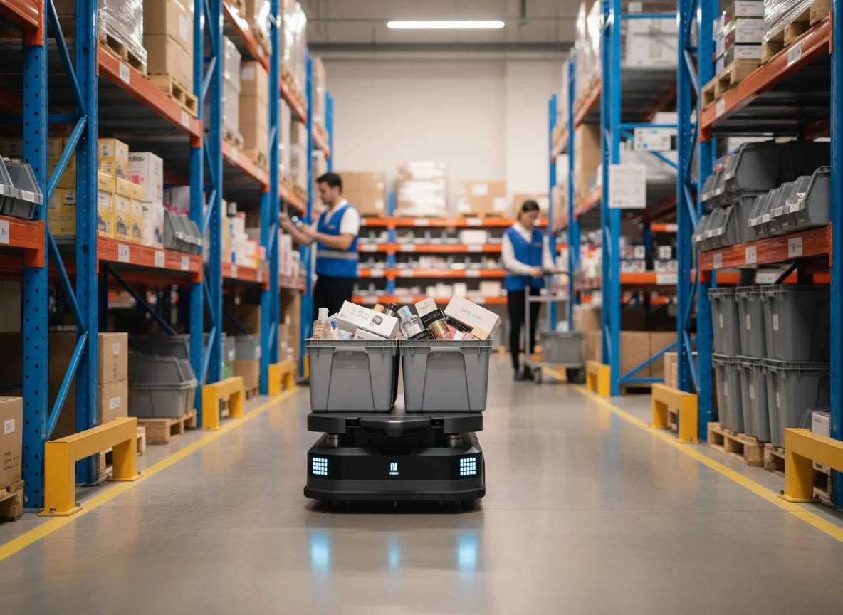 PUDU T600 Transportroboter unterstützt bei der Kommissionierung und dem autonomen Transport von Waren im Logistikzentrum.