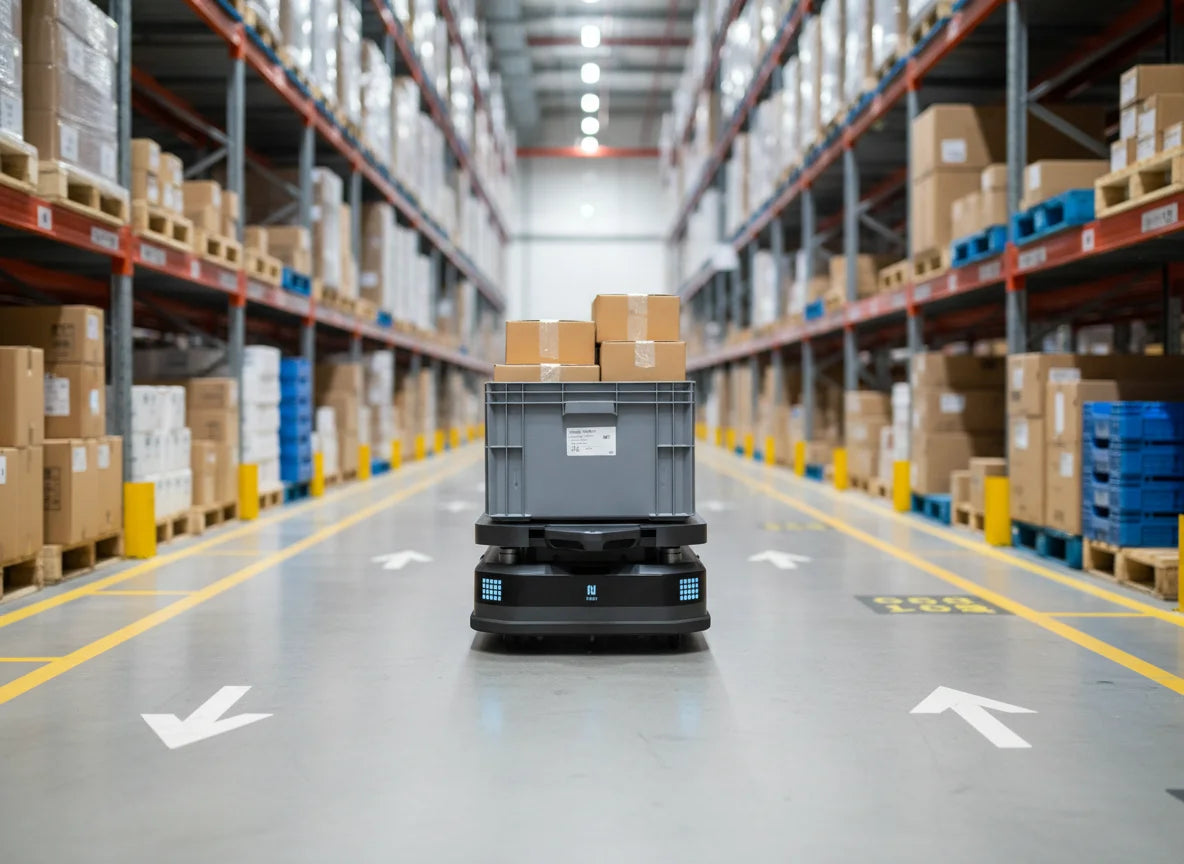 Autonomer Lagerroboter PUDU T600 navigiert durch Regalreihen zur Optimierung der internen Lagerlogistik und Warenbewegung.
