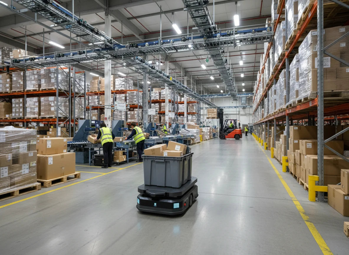 PUDU T600 im Einsatz in einem modernen Logistikzentrum für automatisierten Materialtransport und effiziente Intralogistik.