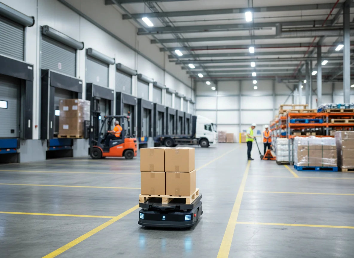 PUDU T600 autonomer Transportroboter im Wareneingang zur Beschleunigung der Warenannahme und Logistikprozesse.