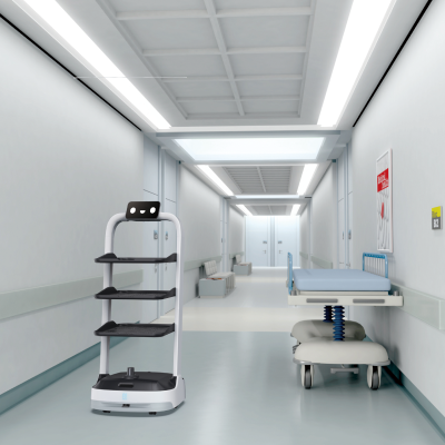PuduBot 2 Serviceroboter mit Tabletts in weißem Krankenhausflur neben Bett und medizinischer Ausstattung