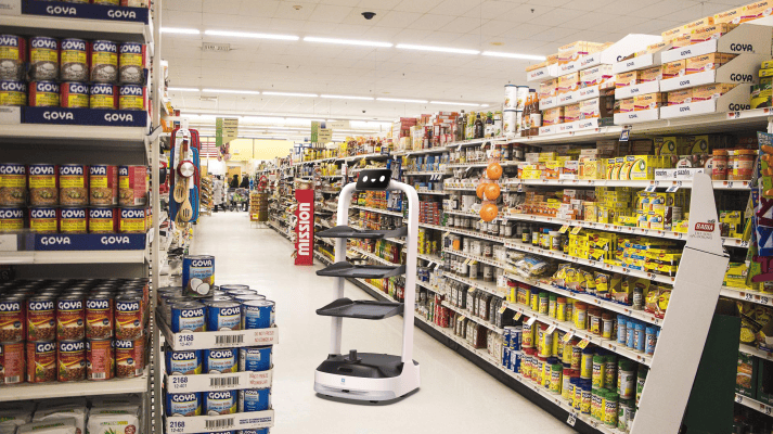 PuduBot 2 Lieferroboter mit Tabletts im Supermarkt zur Unterstützung im Einzelhandel im Einsatz