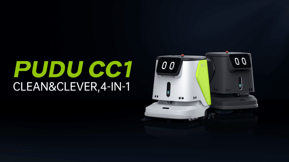 Zwei Reinigungsroboter des Modells Pudu CC1 vor dunklem Hintergrund mit dem Slogan "Pudu CC1 Clean and Clever 4 in 1"