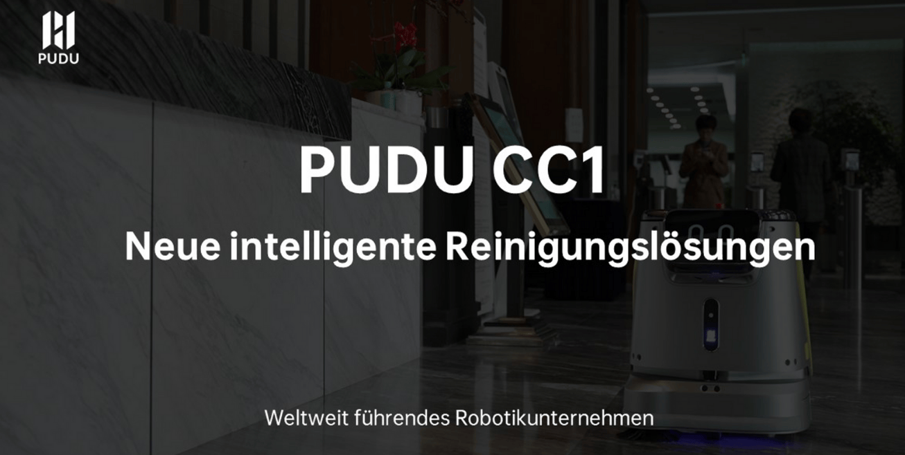 Banner zeigt Reinigungsroboter PUDU CC1 mit Slogan für smarte Reinigung im Eingangsbereich