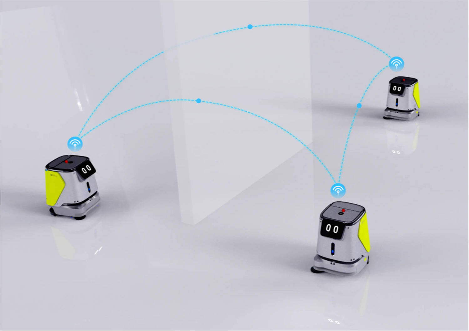 Drei CC1 Reinigungsroboter tauschen sich drahtlos aus und kommunizieren in vernetzter Umgebung autonom