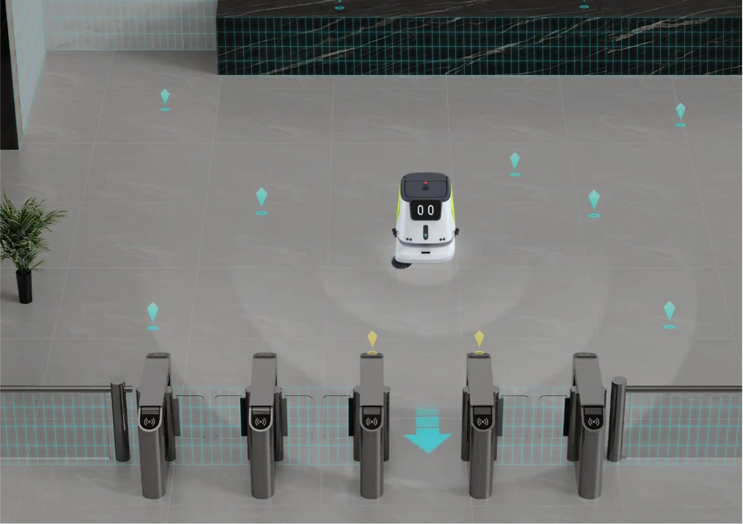 Autonomer CC1 Reinigungsroboter navigiert per Vslam präzise durch Eingangsbereich mit Zugangssystem