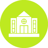 Symbol für Gebäude im Gesundheitswesen mit Kreuzfenster auf grünem Kreis als Hintergrund