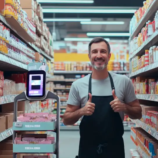 LuckiBot Serviceroboter im Supermarkt mit fröhlichem Mitarbeiter zwischen gefüllten Regalreihen
