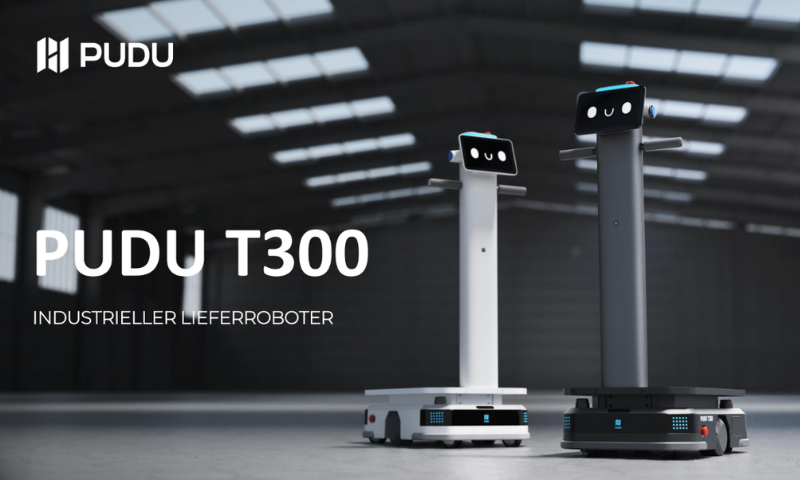 Zwei Pudu T300 Lieferroboter stehen in moderner Industriehalle bereit für den autonomen Warentransport