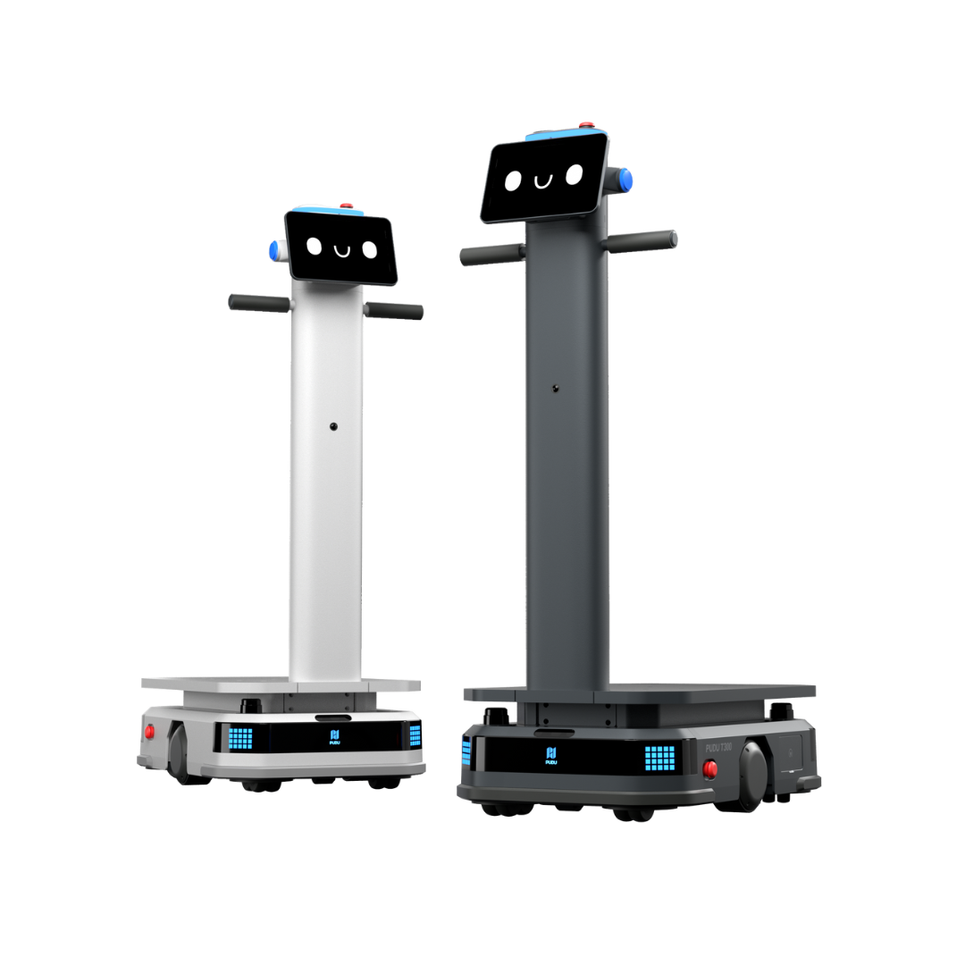 Zwei autonome Transportroboter mit Display und Greifarmen in Schwarz und Weiß nebeneinander