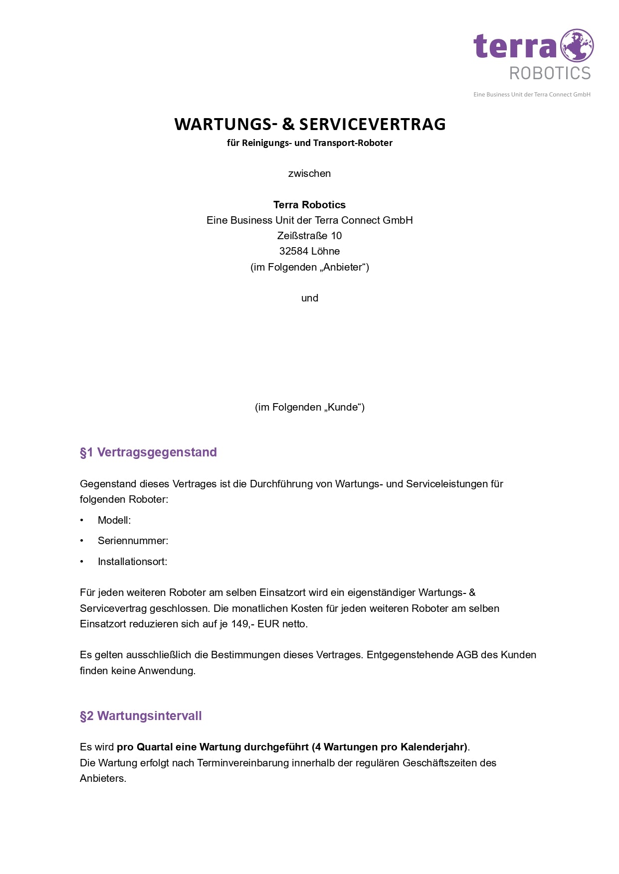 Wartungsvertrag Terra Robotics – Seite 1