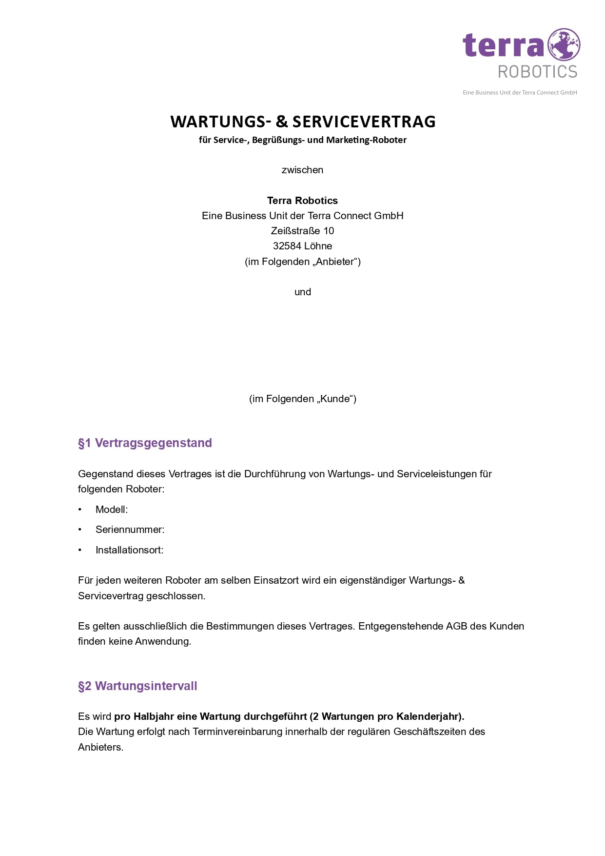 Wartungsvertrag Terra Robotics – Seite 1