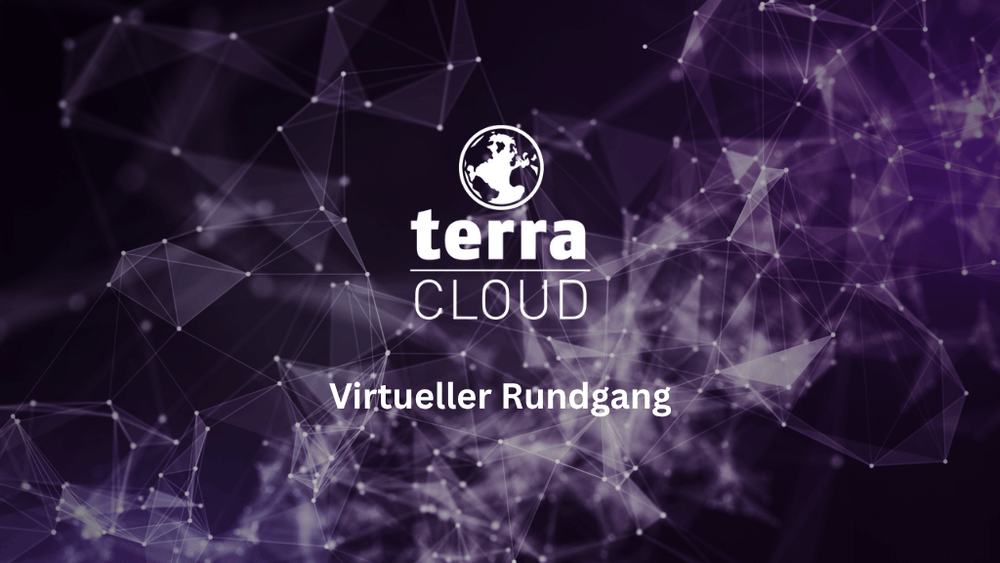 Terra Cloud Banner mit Logo und violetter Netzwerkgrafik für virtuellen Rundgang