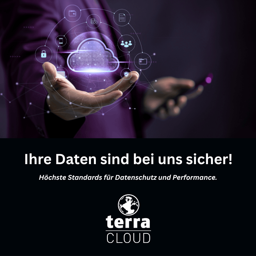 Terra Cloud Banner mit schwebender Datenwolke und Versprechen für sicheres Hosting