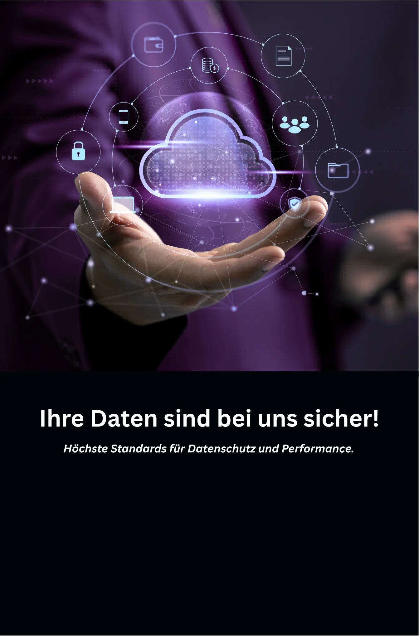 Futuristische Cloud mit digitalen Sicherheitssymbolen steht für Datenschutz und Performance