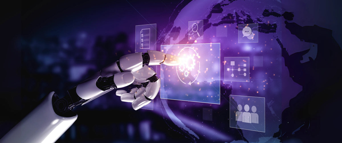 Roboterhand interagiert mit digitaler Weltkugel und symbolisiert intelligente Robotiklösungen