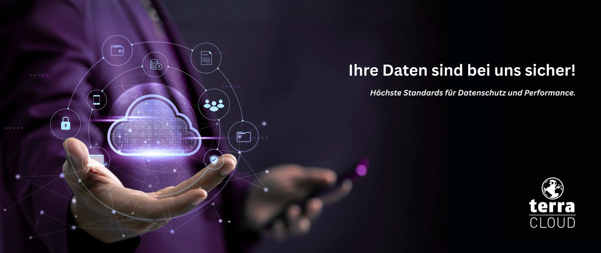 Digitale Cloud mit Sicherheitsicons symbolisiert Datensicherheit und Performance bei Terra Cloud
