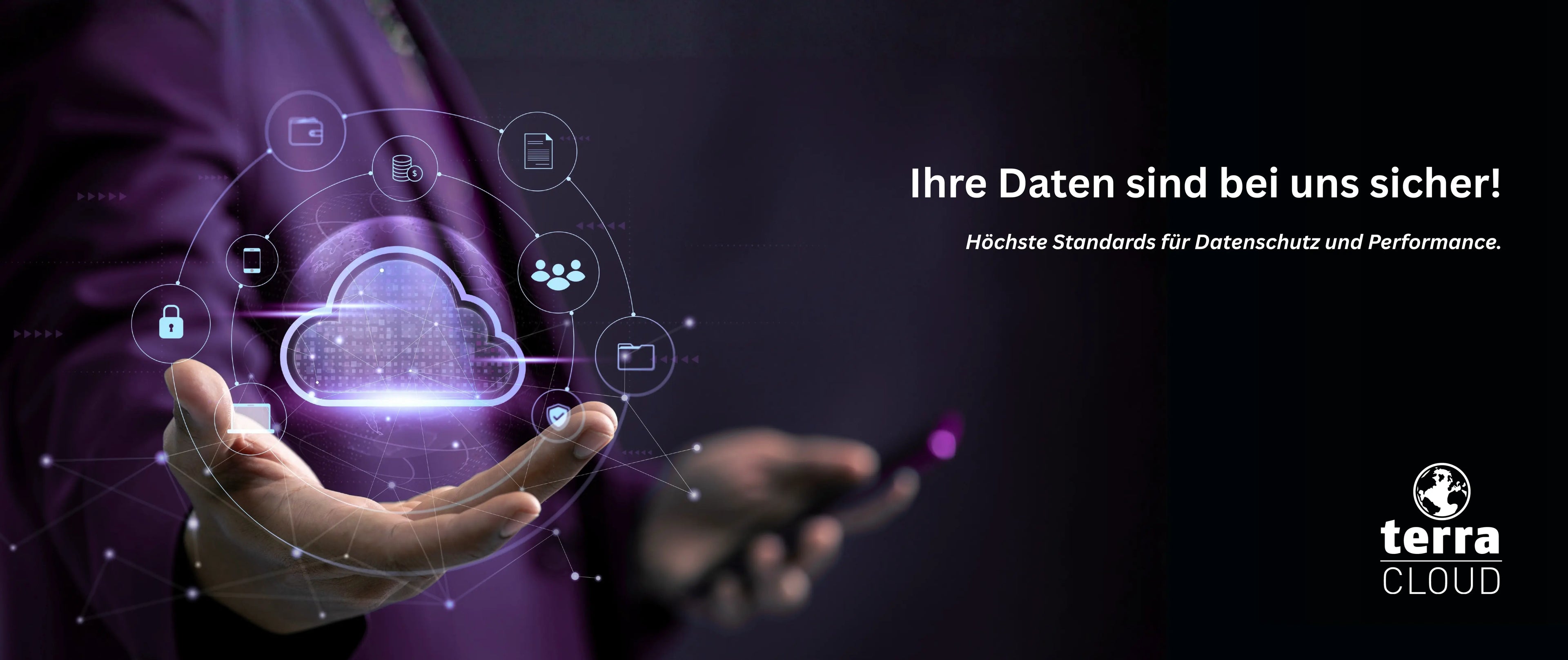 Digitale Cloud mit Sicherheitsicons symbolisiert Datensicherheit und Performance bei Terra Cloud