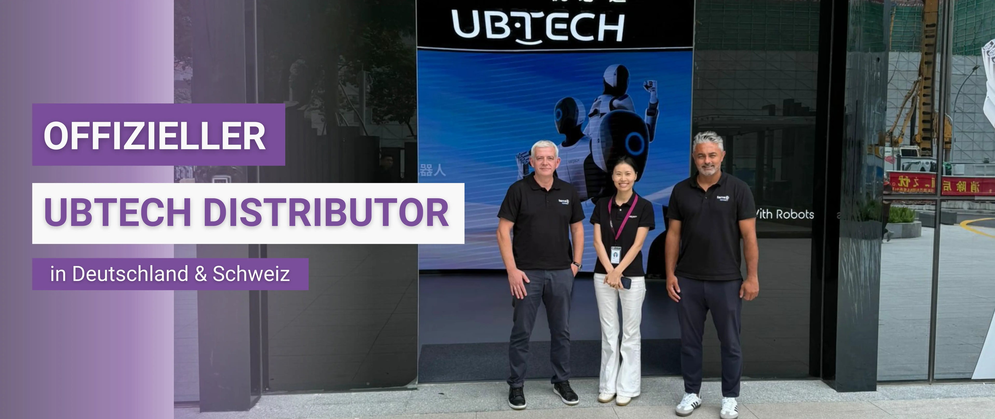 Banner mit Terra Robotics vor UBTECH Zentrale als Distributor in Deutschland und Schweiz